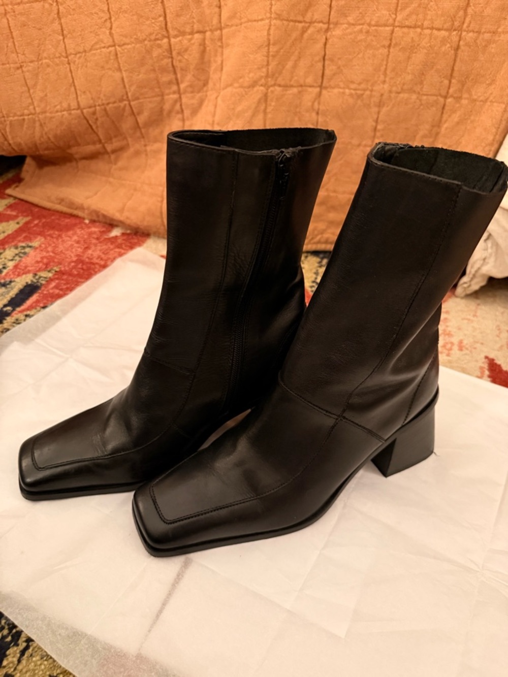 ASOS Design - Women's Leather Black Square-Toe Mid-Calf Block Heel Boots